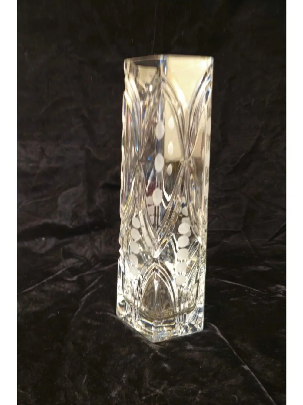 Vintage Etched Crystal Vase With Geometric Dot Pattern 11-Inch Tall Hexagonal Ba - Picture 9 of 13